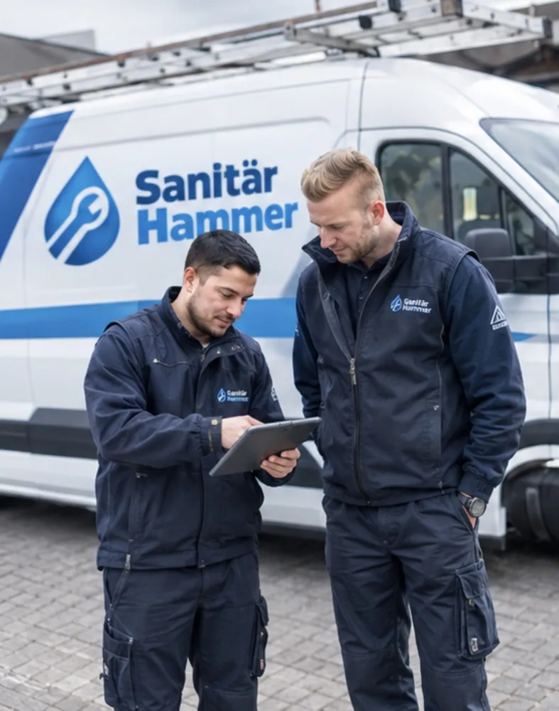 Zwei Monteure von Sanitär Hammer besprechen einen Auftrag